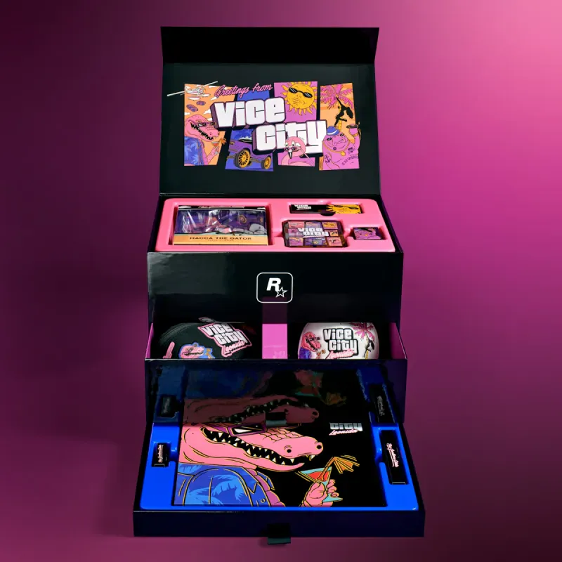 Caixa GTA VI The Goodtime State Vice City Collection aberta com todos os itens