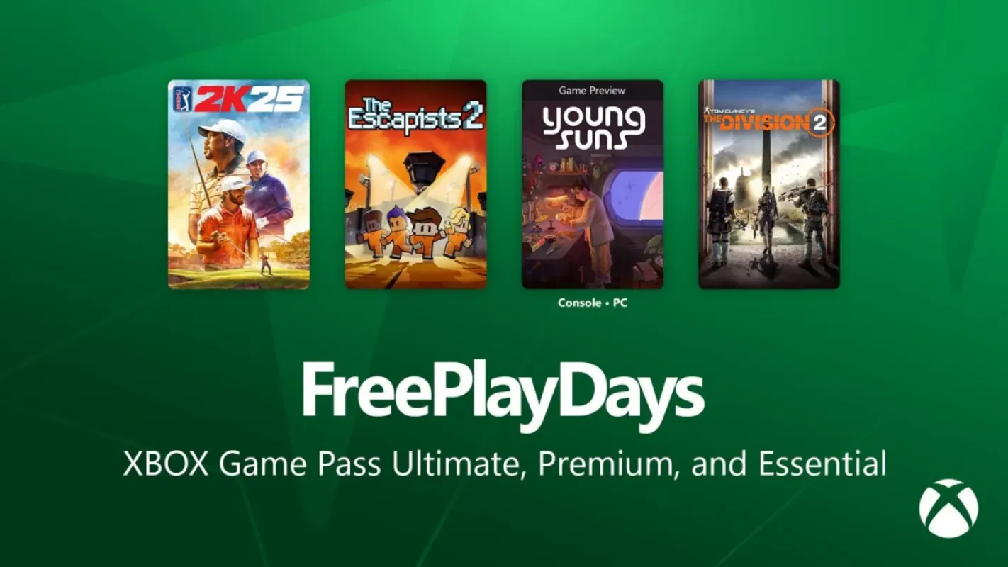 Arte do Free Play Days do Xbox com PGA TOUR 2K25, The Escapists 2, Young Suns e The Division 2