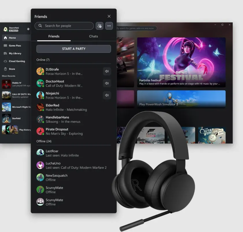 Painel social do aplicativo Xbox no PC