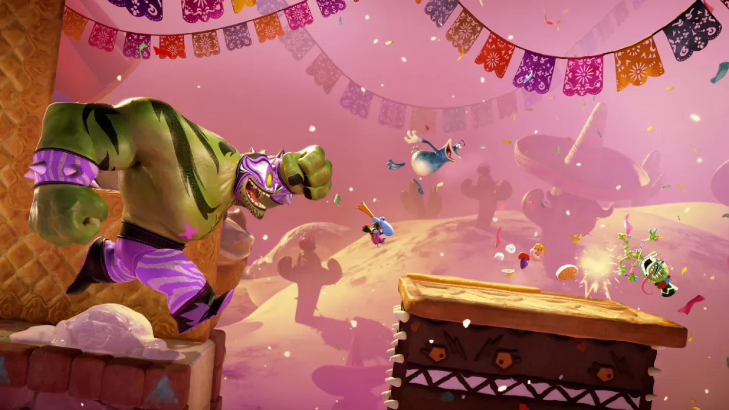 Rayman e amigos enfrentam um lutador em fase de Rayman Legends Retold