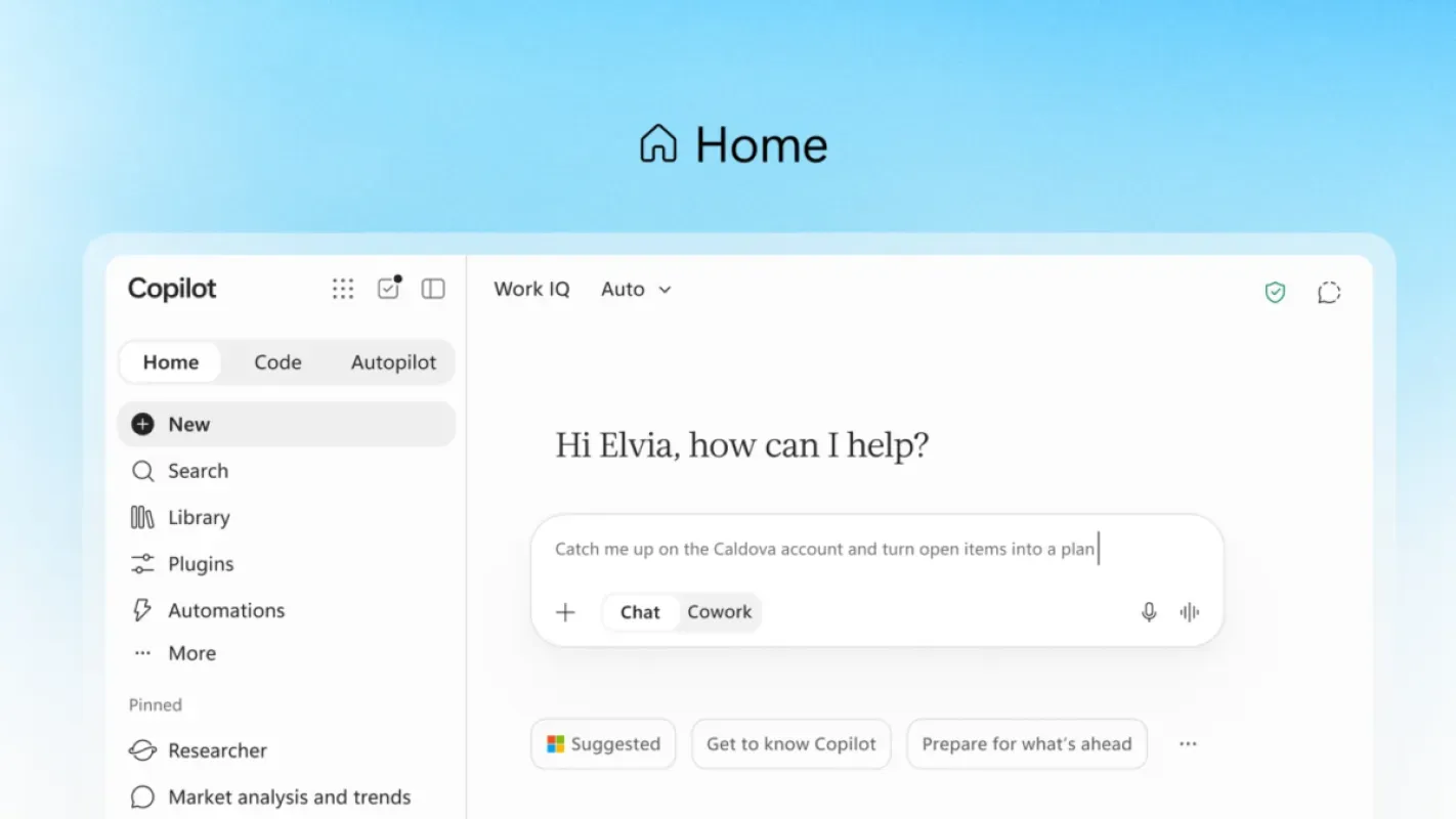 Tela da aba Home do novo Microsoft Copilot