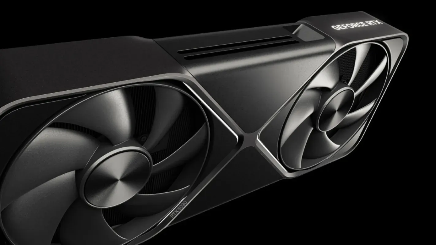 GeForce RTX 5090 Founders Edition vista de lado, com as duas ventoinhas
