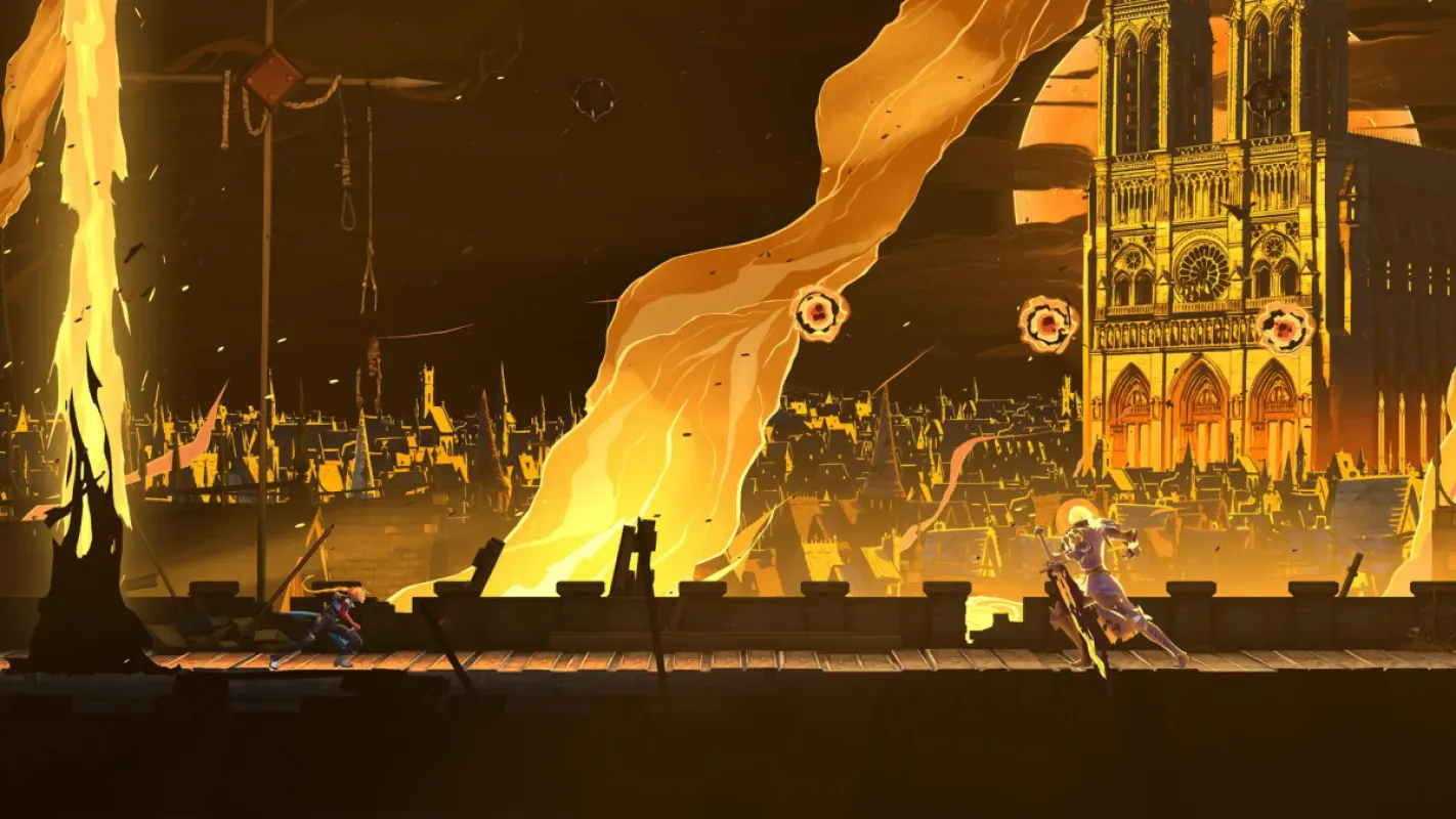 Rose Belmont diante de Paris em chamas em Castlevania: Belmont's Curse