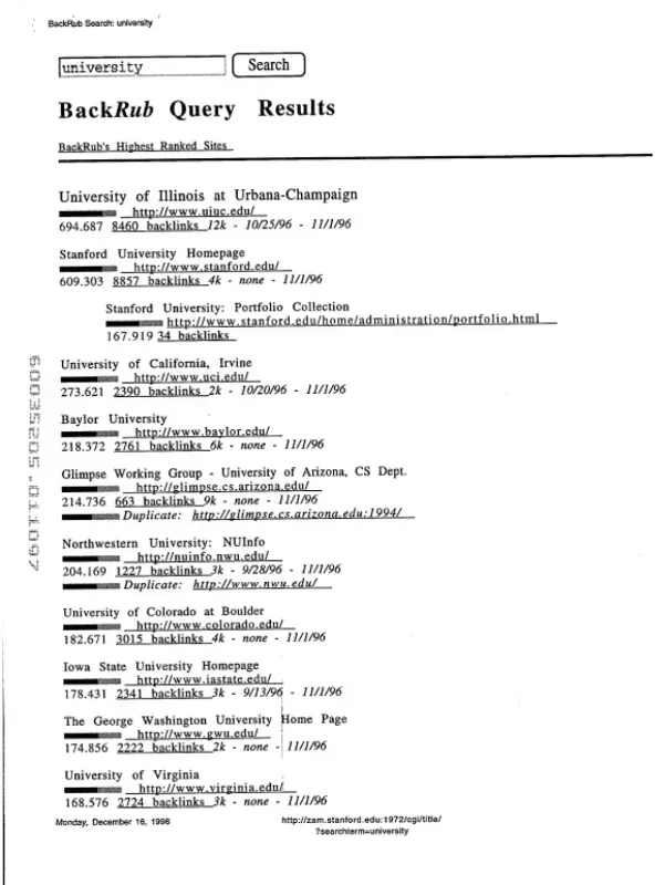 Página de resultados do BackRub, buscador que deu origem ao Google, em 1996