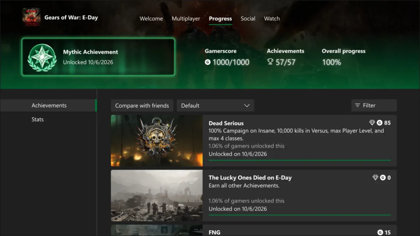 Tela do Xbox mostrando Gears of War: E-Day com status de Conquista Mítica