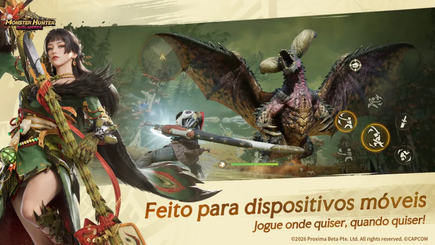 Cena de caçada em Monster Hunter Outlanders no celular