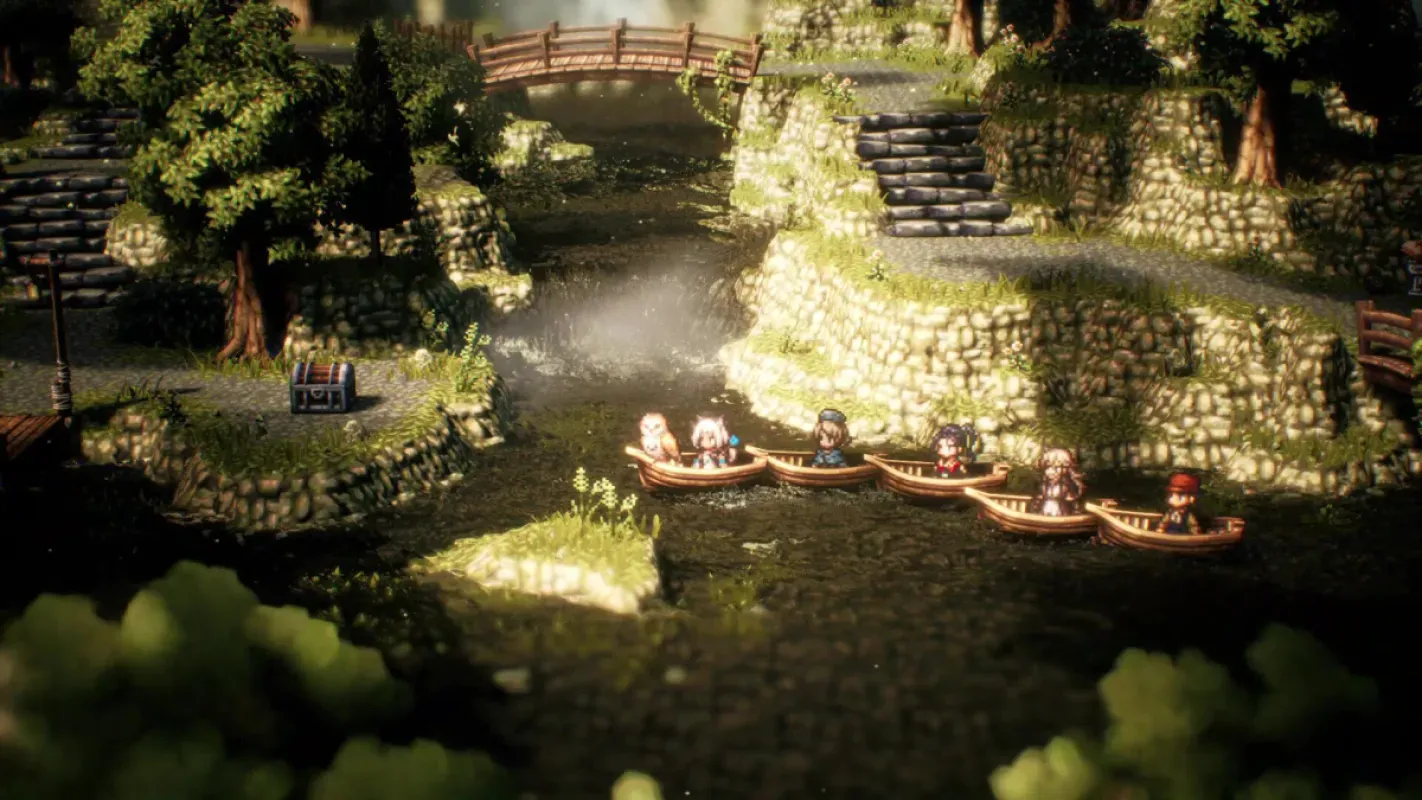 Cena de Octopath Traveler II com o visual HD-2D em Solistia