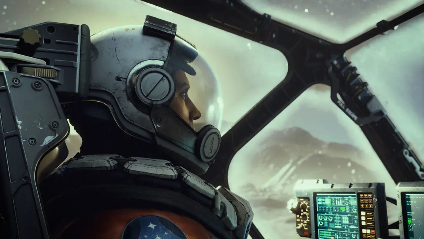 Astronauta no cockpit de uma nave em Starfield