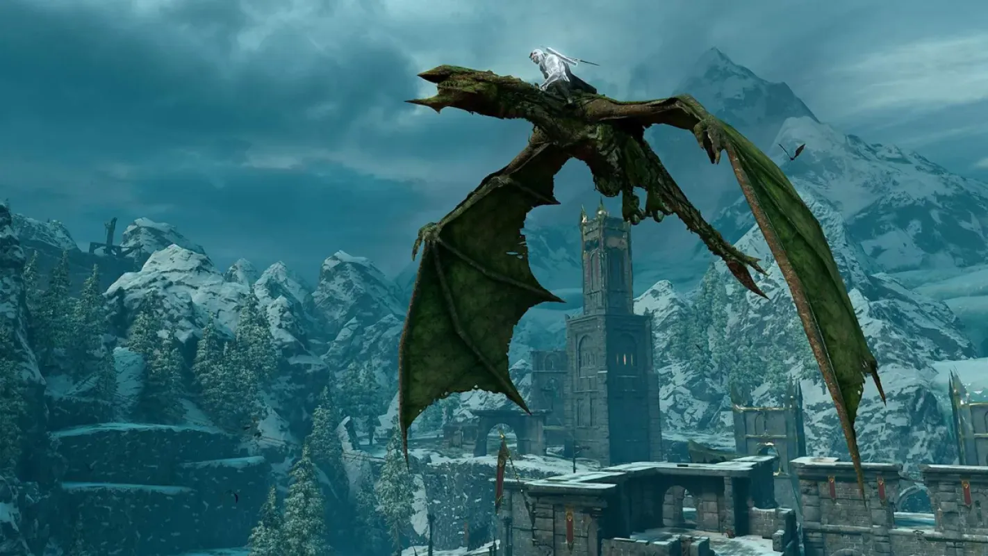 Drake sobrevoa uma fortaleza em Middle-earth: Shadow of War no Switch 2