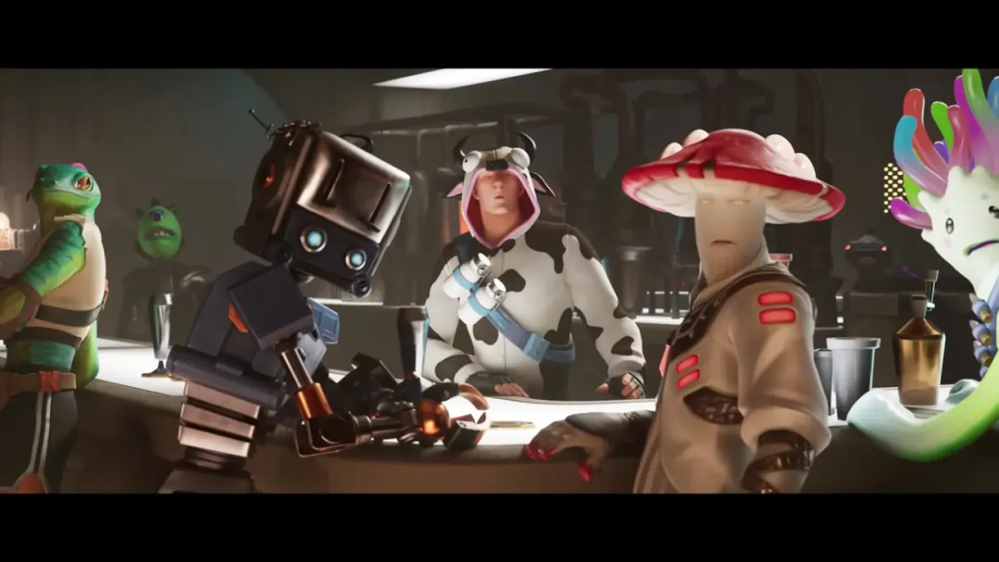 Personagens de Fortnite em cantina no estilo Star Wars, em cena do trailer de Galactic Battle