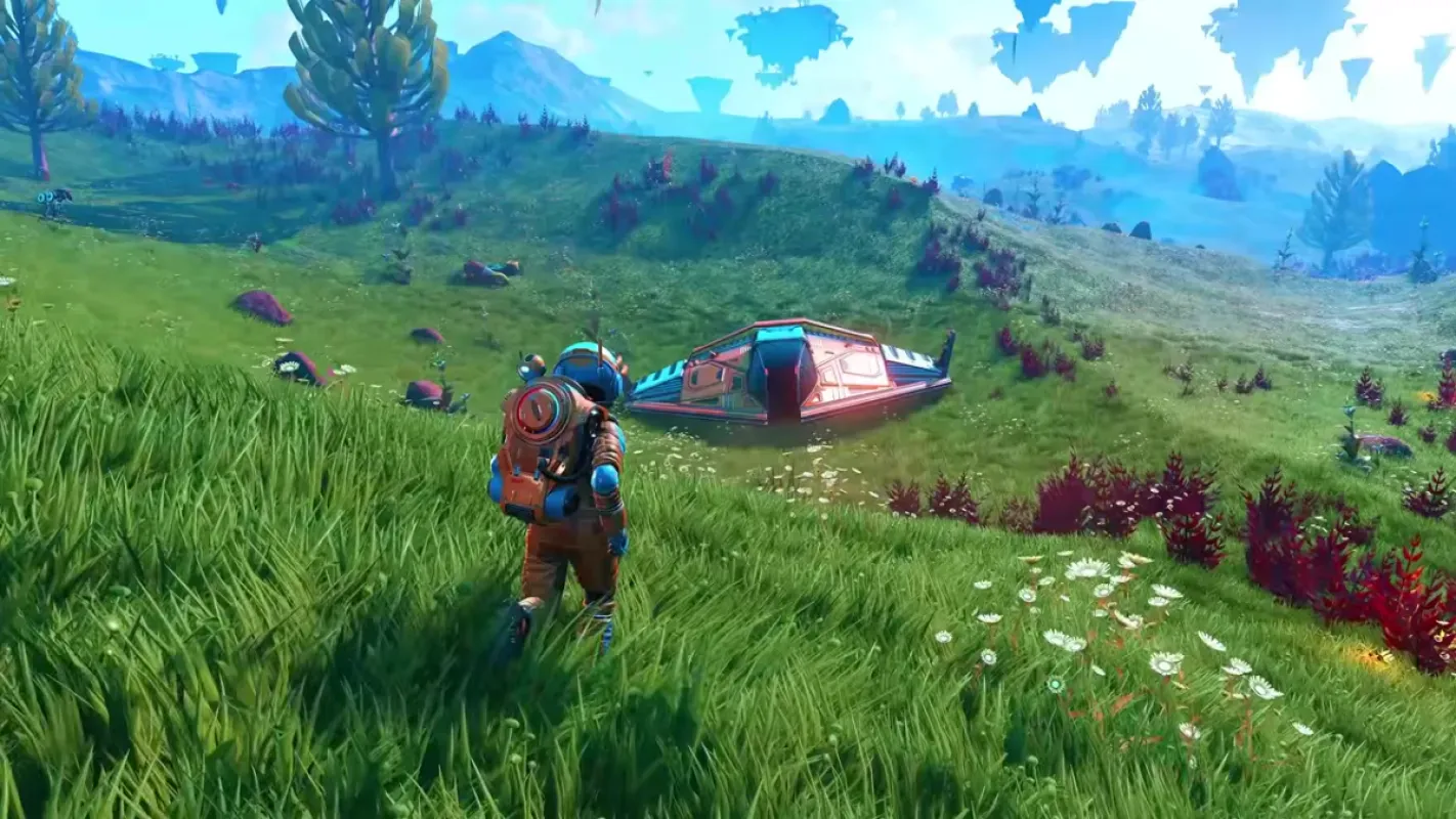 Viajante ao lado da nave em planeta verde de No Man's Sky