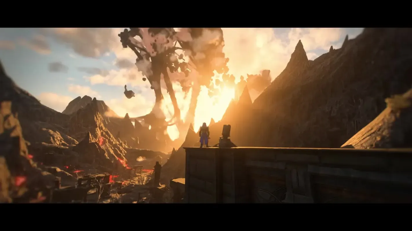 Paisagem ao pôr do sol em Enshrouded