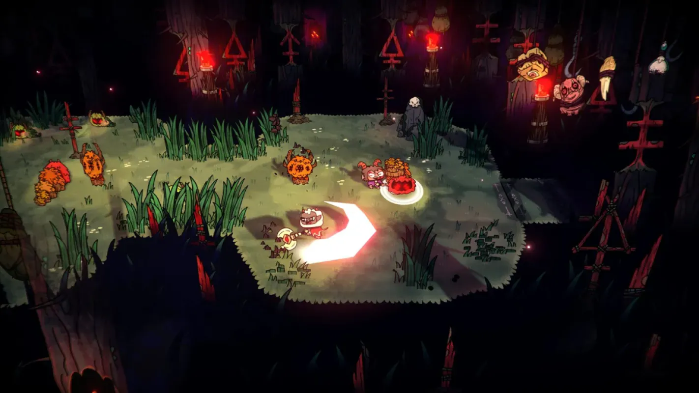 Cordeiro enfrenta inimigos em uma floresta sombria em Cult of the Lamb