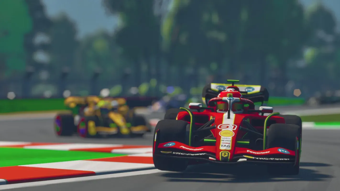 Carros de corrida estilizados disputam posição em pista de Formula Legends