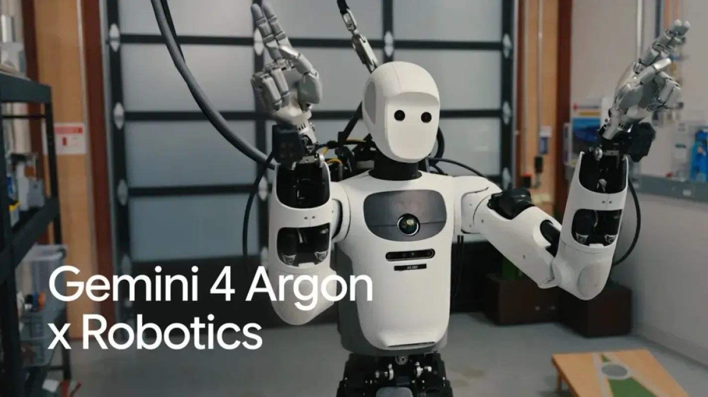 Robô humanoide Apollo, da Apptronik, em laboratório, em arte do Google sobre o Gemini 4 Argon na robótica