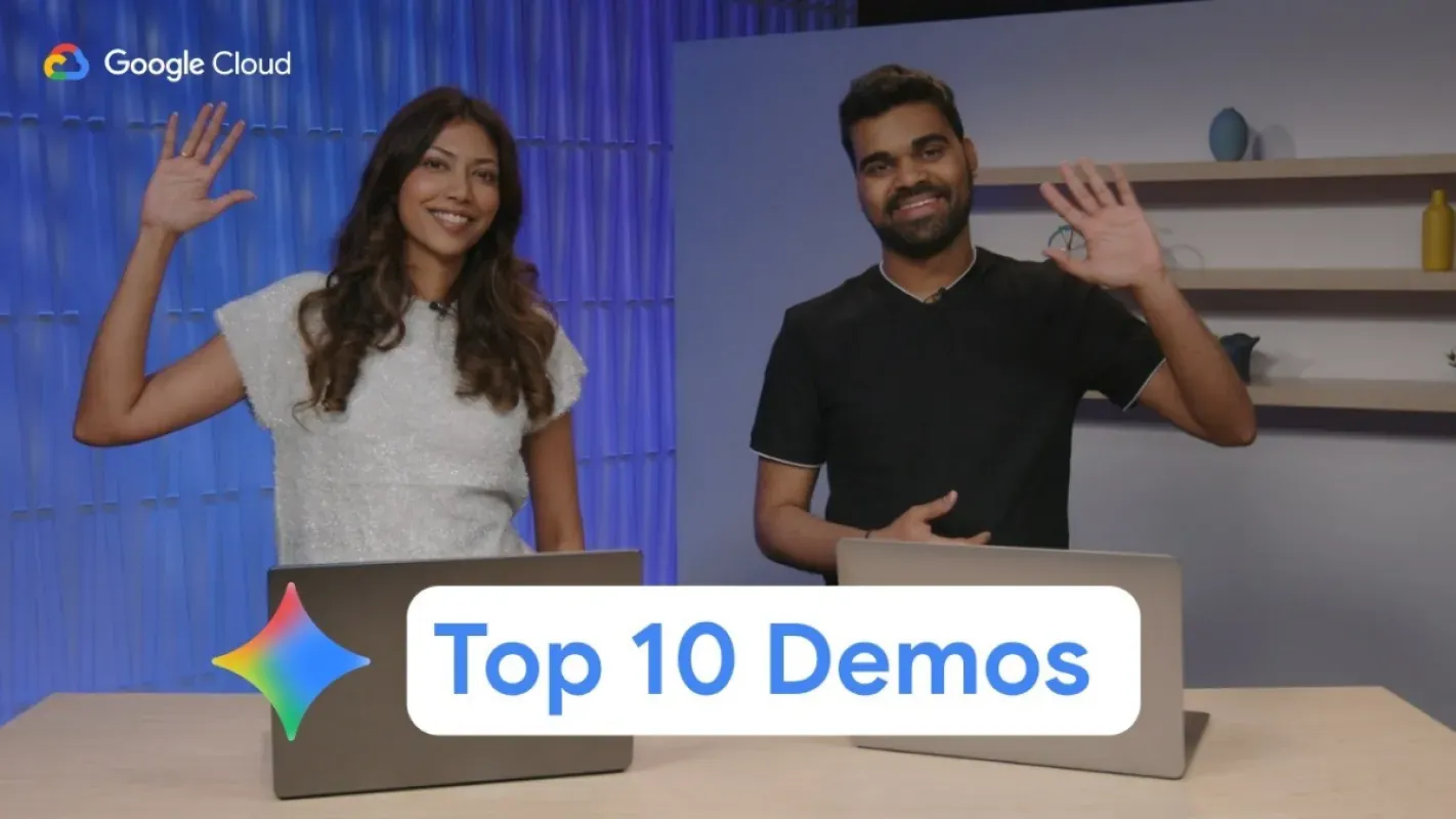 Dois apresentadores do Google Cloud acenando ao lado do selo Top 10 Demos do Gemini 4 Argon