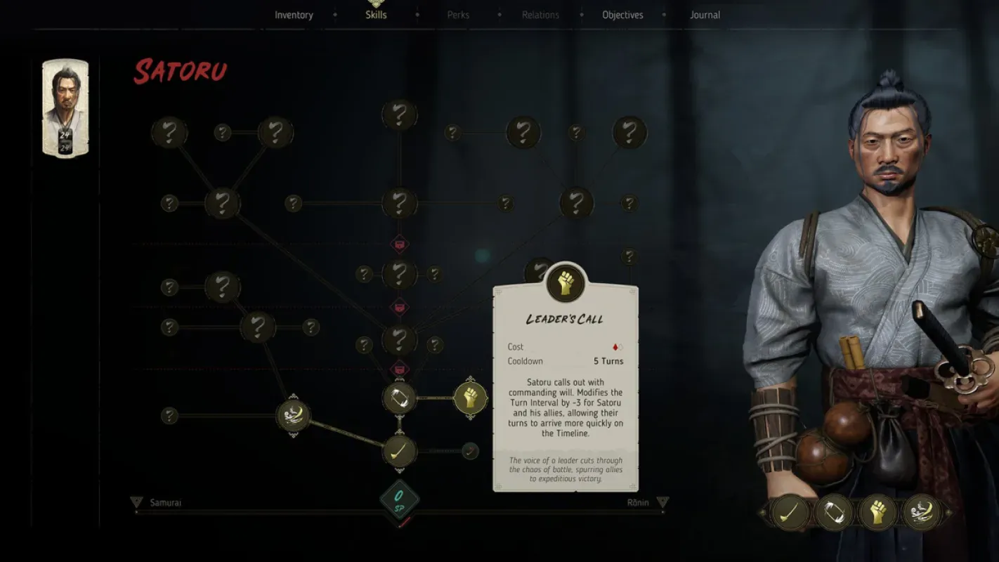 Tela de árvore de habilidades de Shadow of the Road ao lado de um personagem samurai