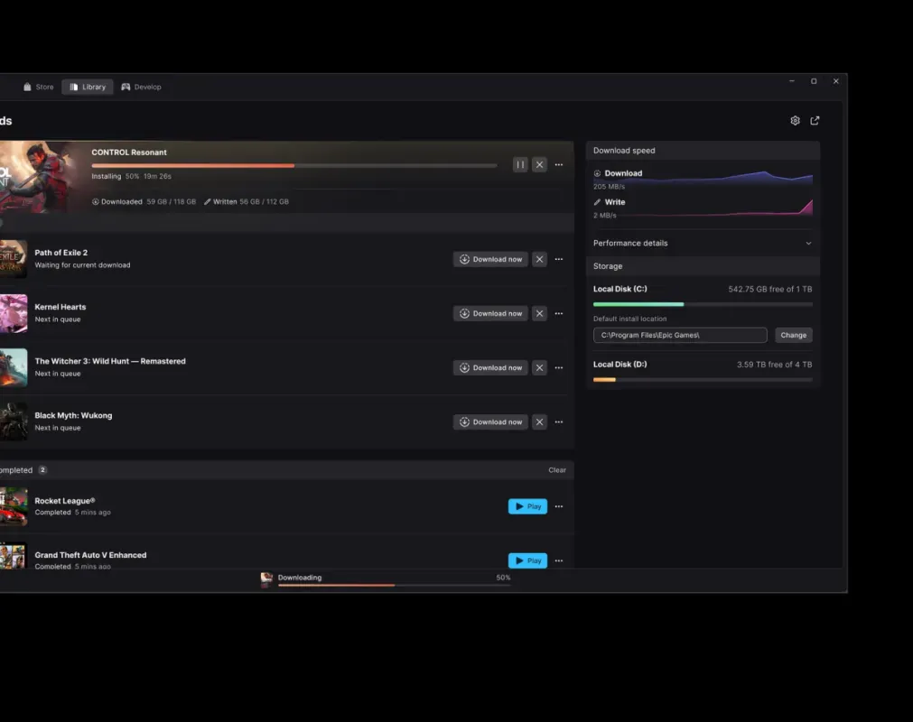 Gerenciador de downloads do novo Epic Games Launcher, com velocidades de download, leitura e gravação e a fila de jogos