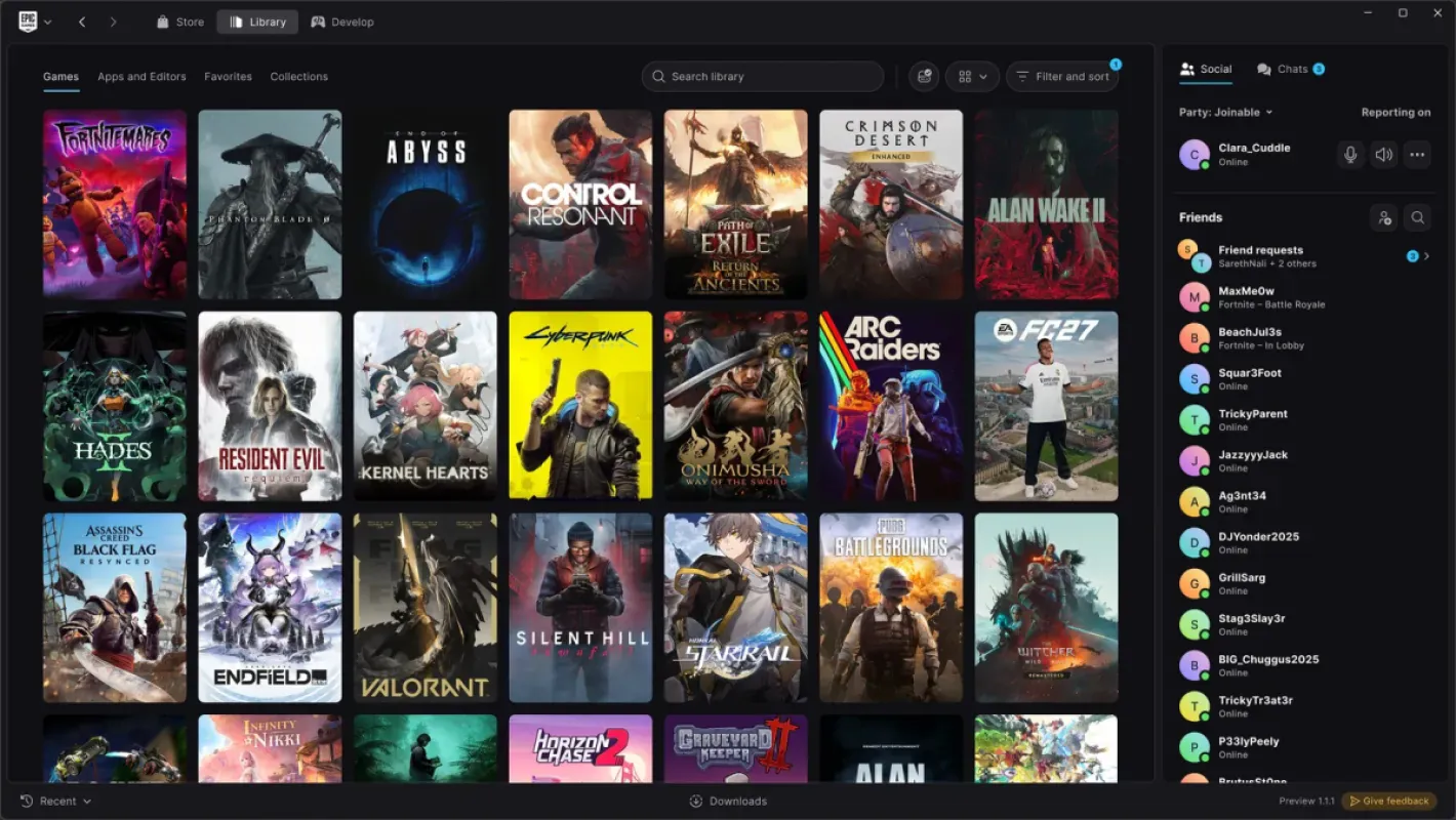 Biblioteca do novo Epic Games Launcher em grade, com capas de jogos e lista de amigos ao lado