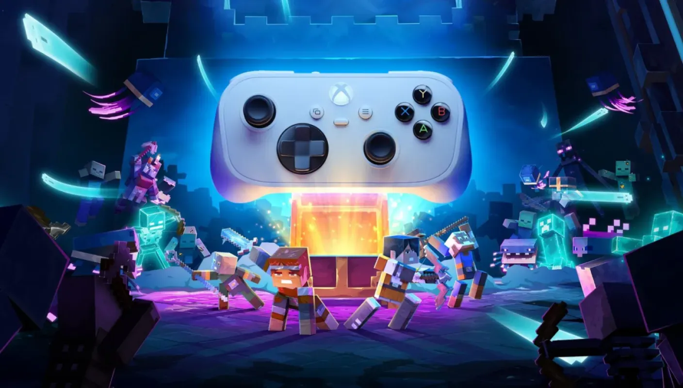 Xbox Nano Controller em arte promocional com personagens de Minecraft Dungeons II ao fundo