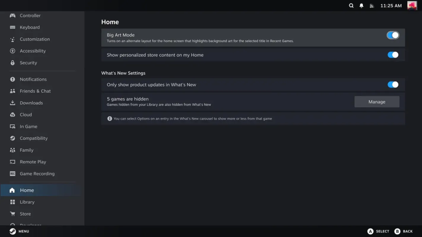 Menu Configurações > Início do Big Picture com a chave do Modo de Arte Grande ligada