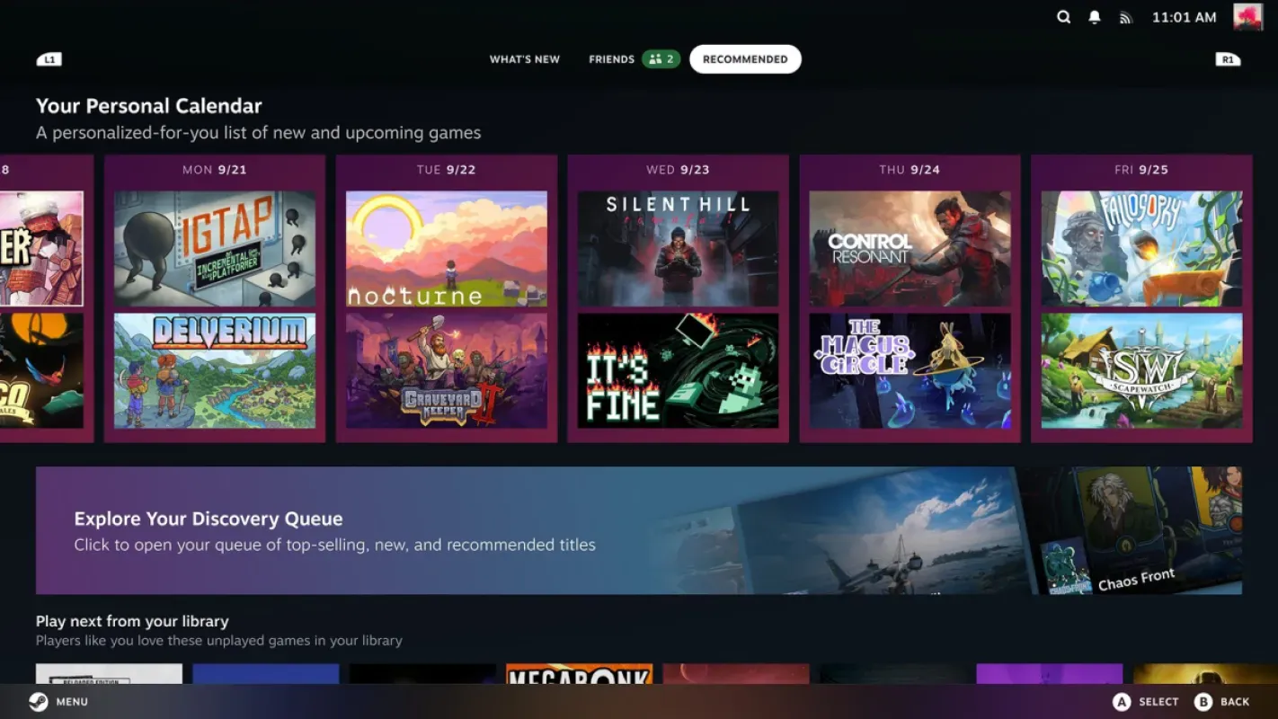 Calendário Pessoal na aba Recomendados da tela inicial do Big Picture, com jogos organizados por dia