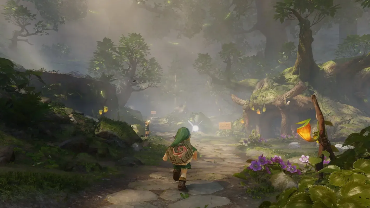 Link criança caminha pela Floresta Kokiri no remake de Ocarina of Time