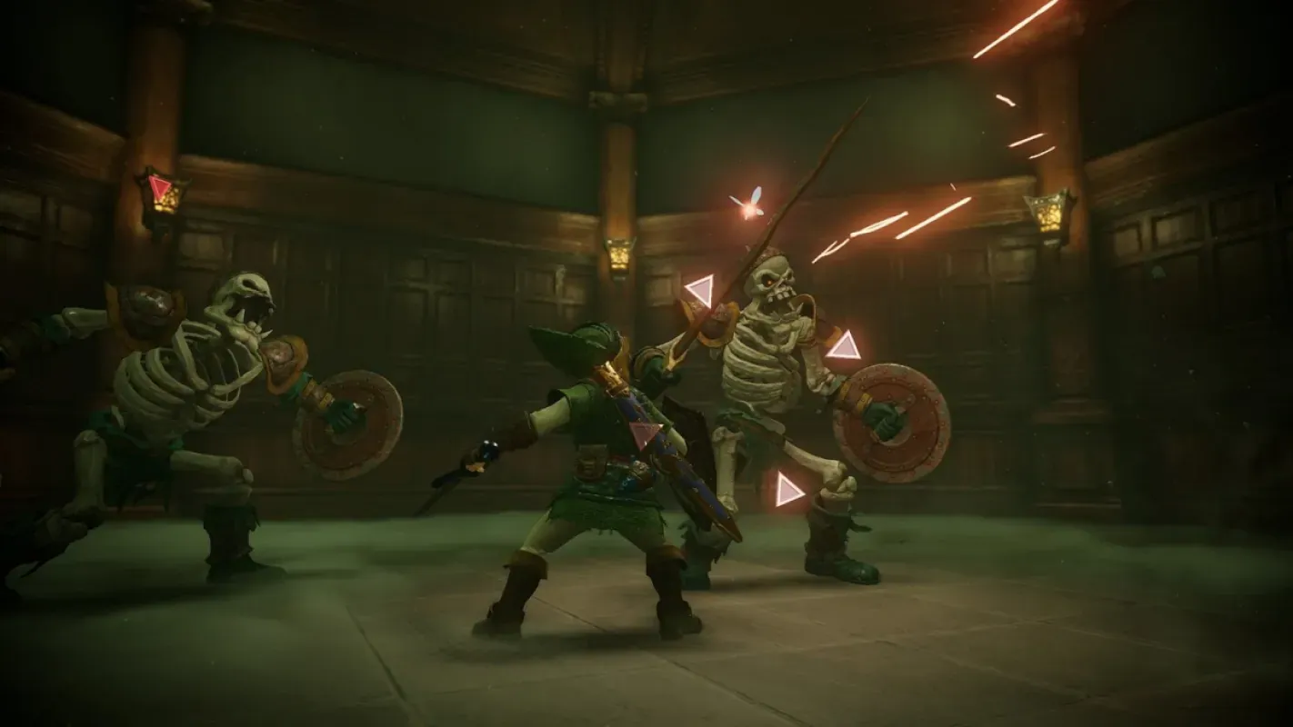 Link enfrenta dois Stalfos em combate no remake de Ocarina of Time