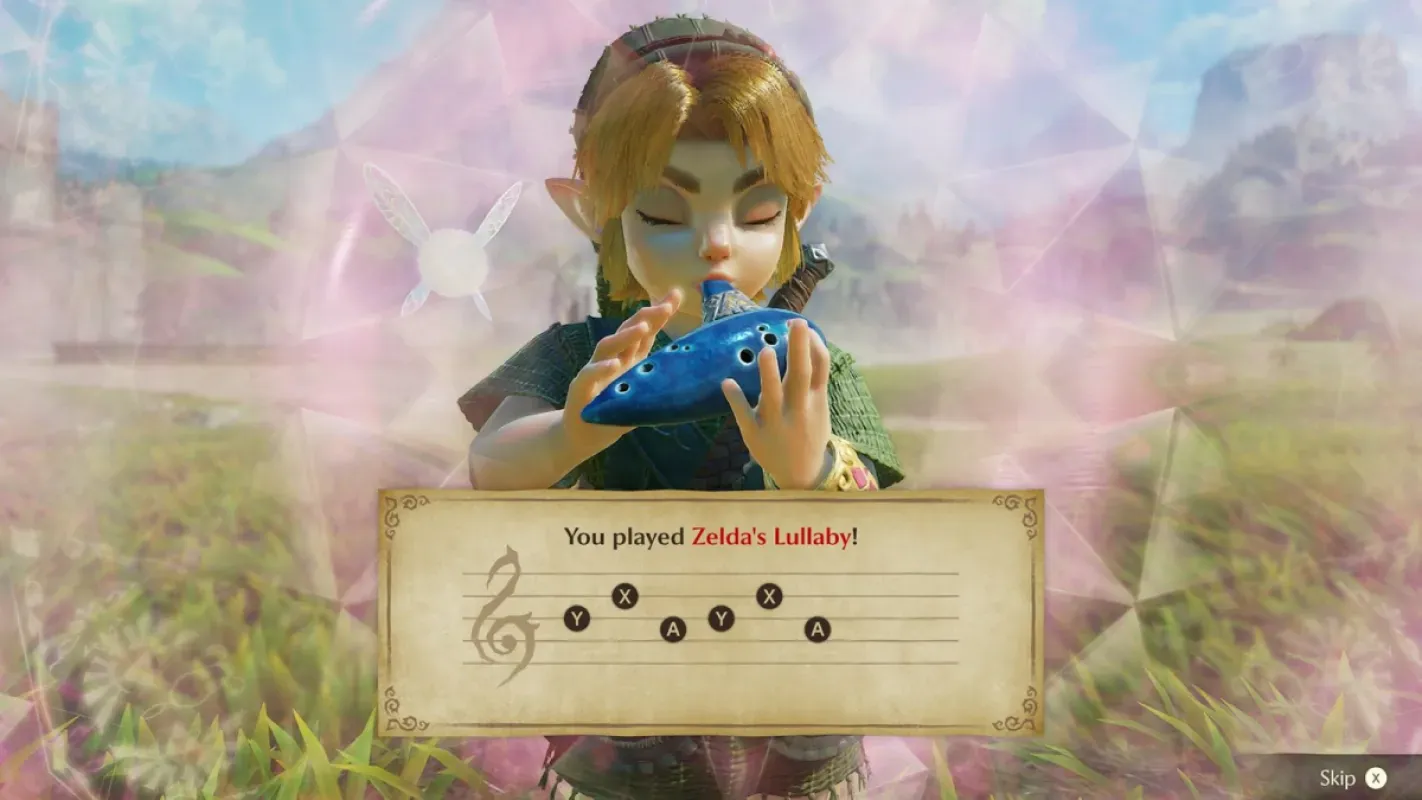 Link toca a ocarina e aprende a Canção de Ninar de Zelda