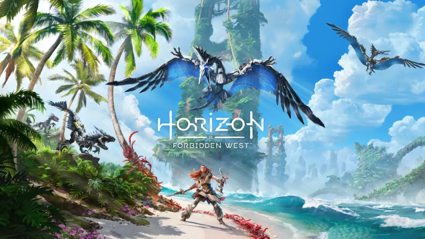 Arte de Horizon Forbidden West com Aloy diante de máquinas voadoras