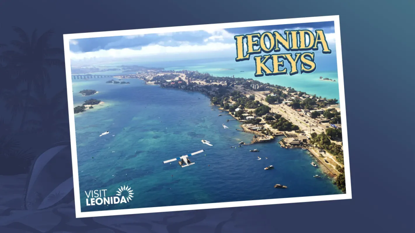 Arte oficial de GTA 6 em estilo cartão-postal mostrando a região de Leonida Keys