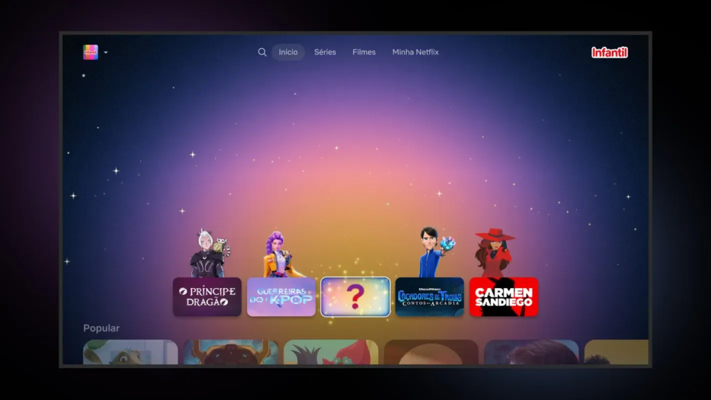 Interface da Netflix para TV em português no perfil infantil