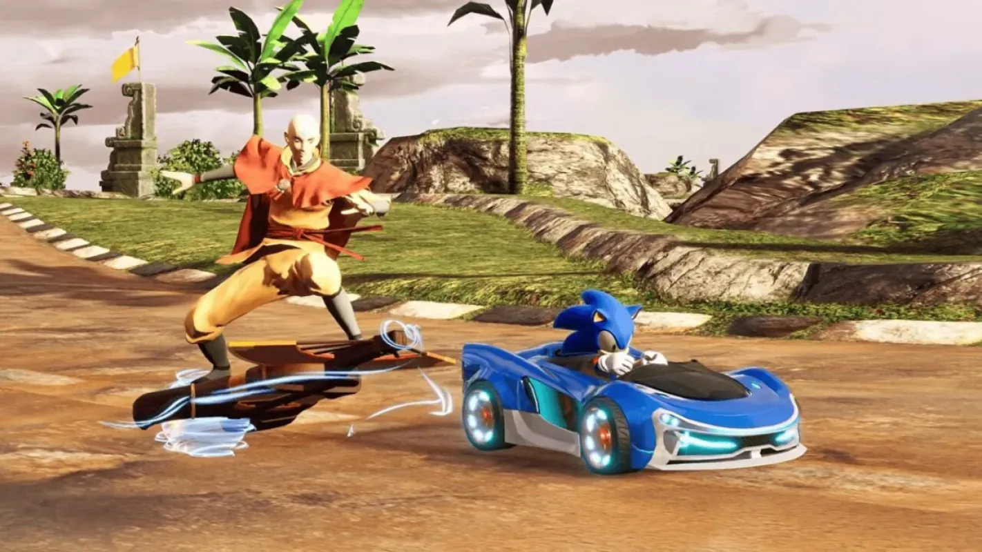 Aang no veículo Gliding Air corre ao lado de Sonic em Sonic Racing: CrossWorlds