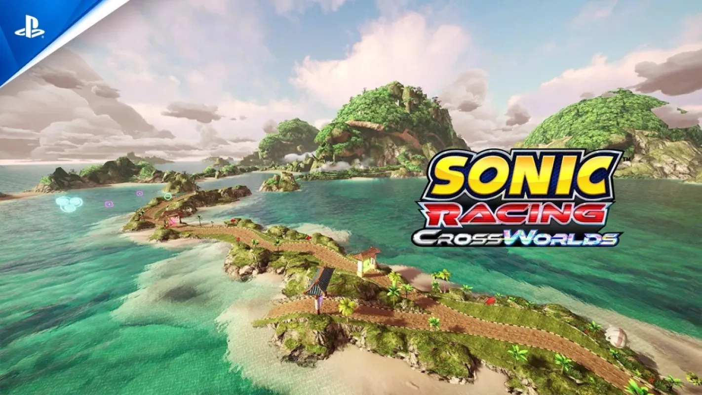 Vista aérea de pista em ilha no trailer do Pacote Avatar Legends de Sonic Racing: CrossWorlds