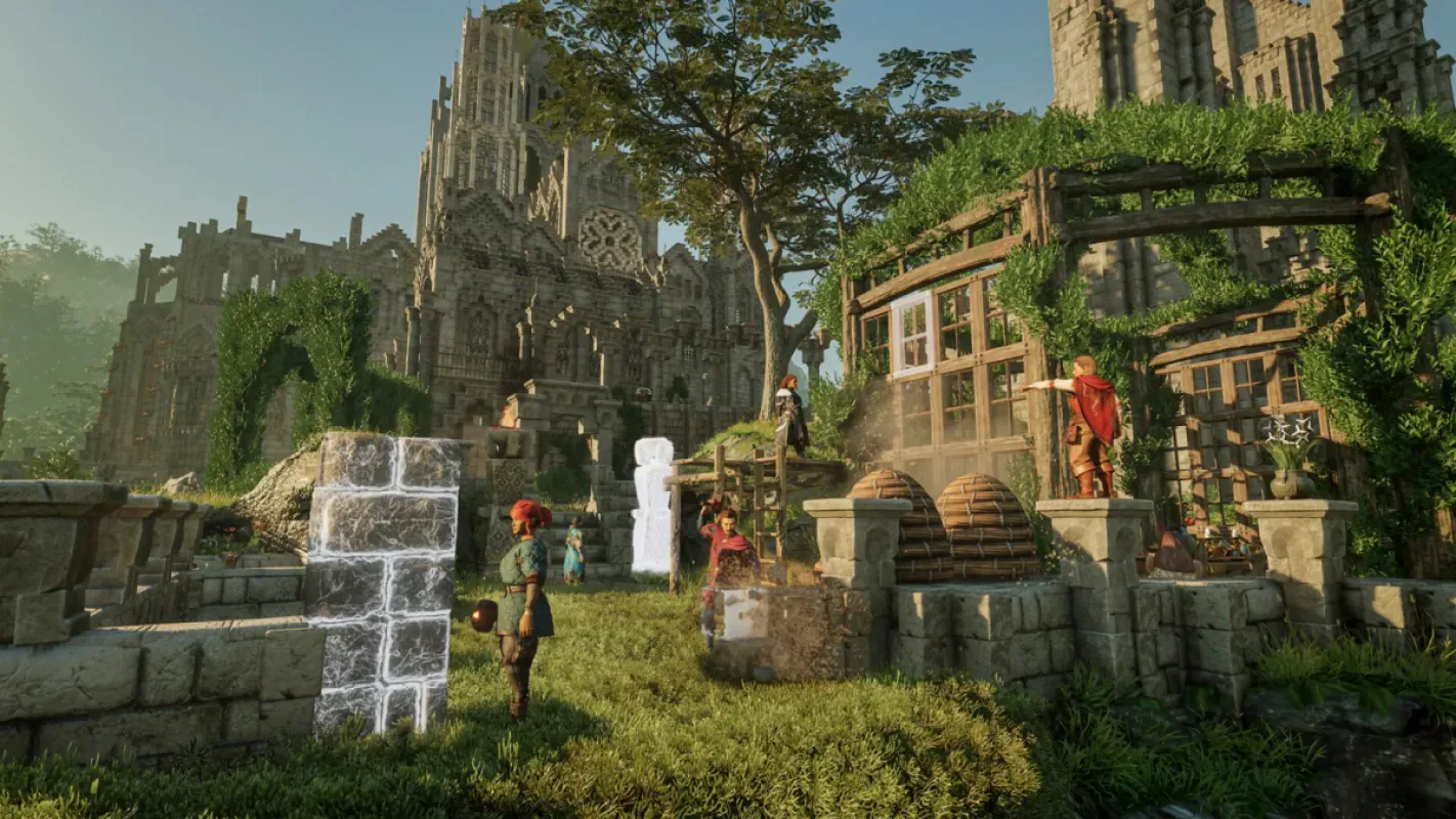 Base construída pelo jogador em voxels no mundo de Enshrouded