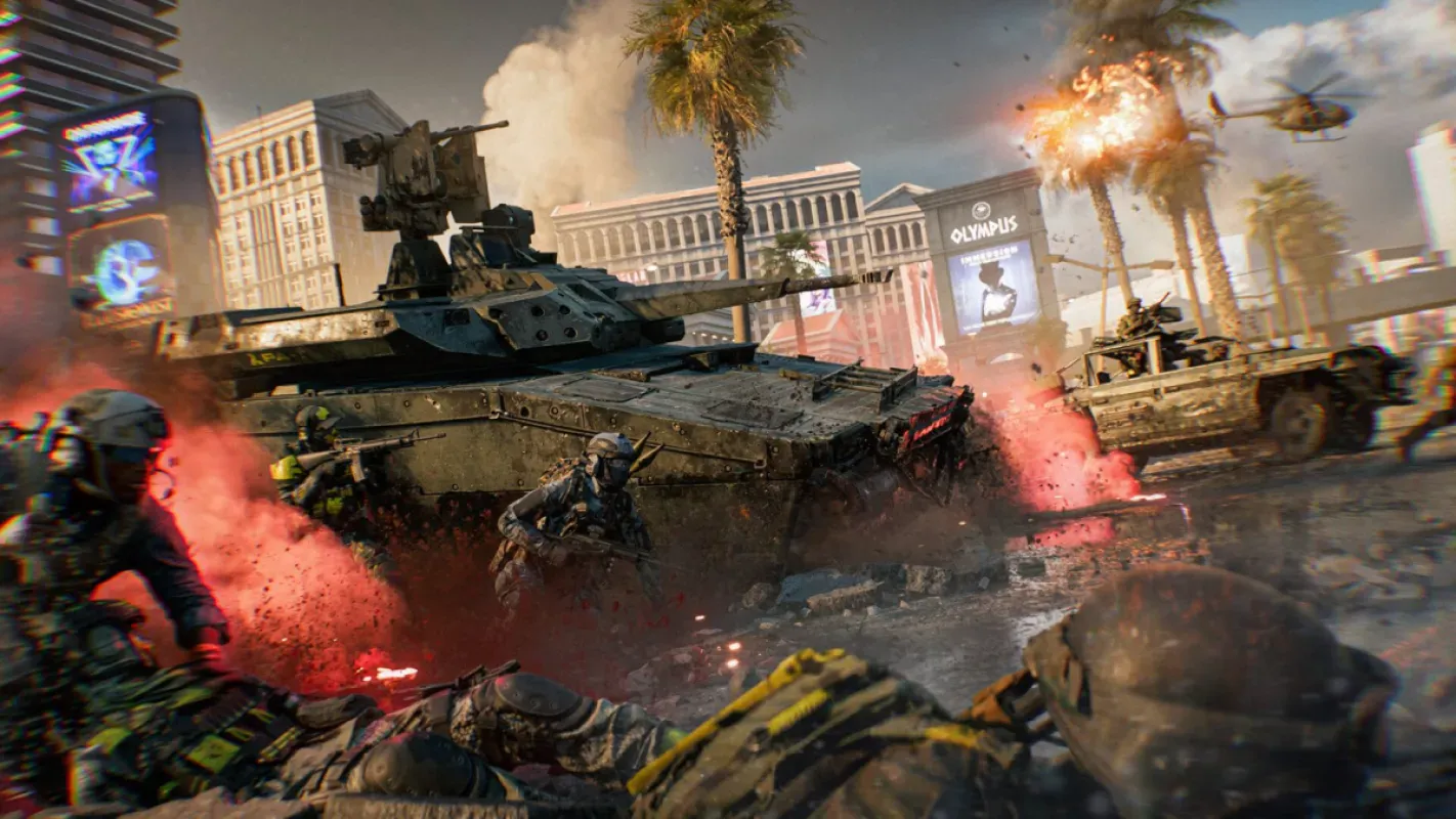 Soldados avançam em combate urbano com explosões em Battlefield 6