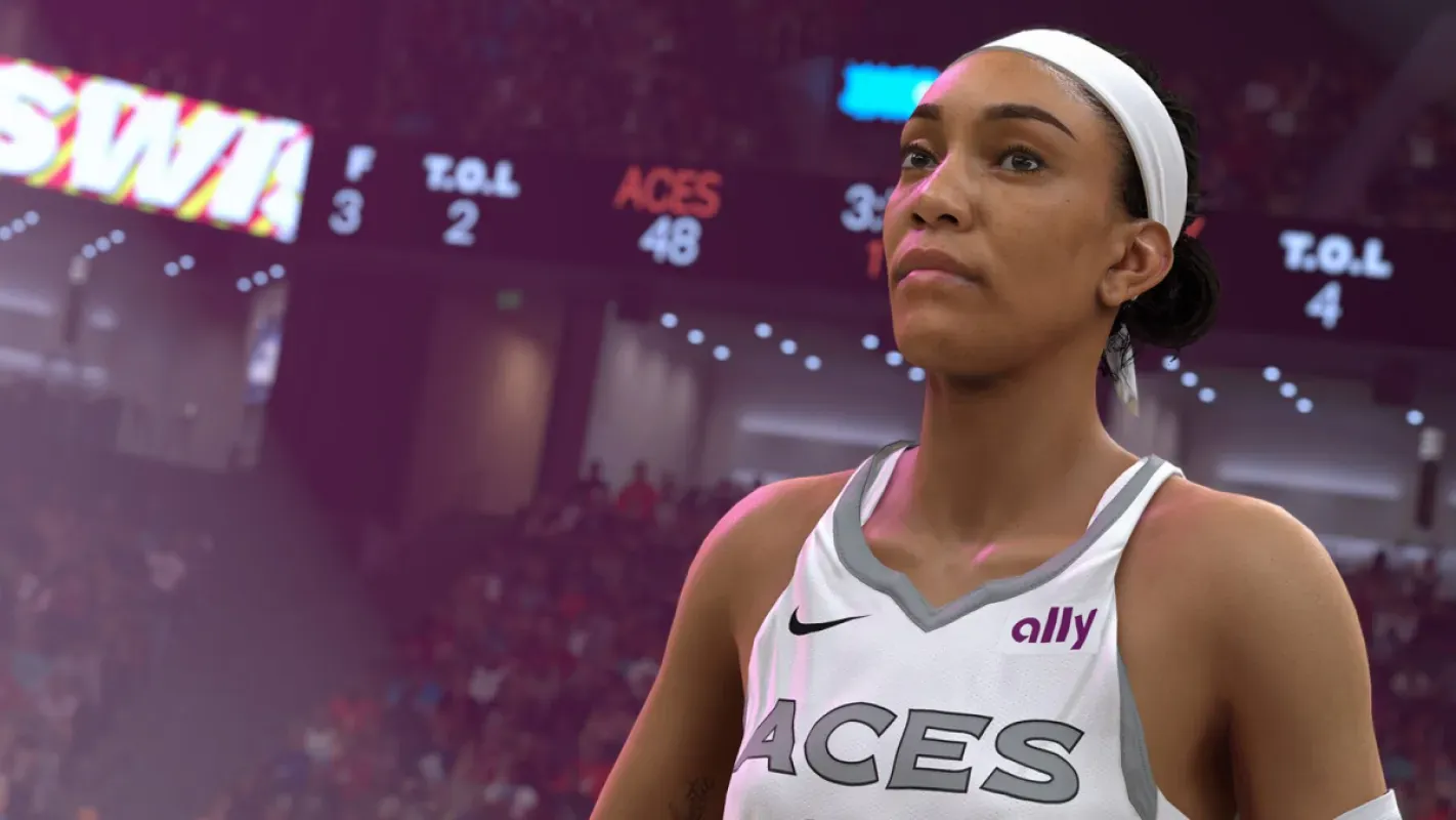 Jogador enterrando a bola em cena de NBA 2K25