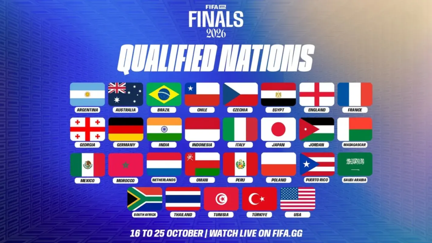 Arte da FIFA com as bandeiras das seleções classificadas para o FIFAe Finals 2026, entre elas o Brasil