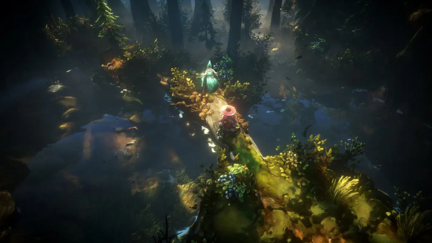 Personagem explora floresta escura iluminada por cristais em No Rest for the Wicked