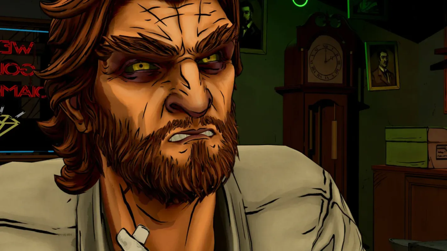 Close no rosto de Bigby Wolf em cena de The Wolf Among Us Remastered