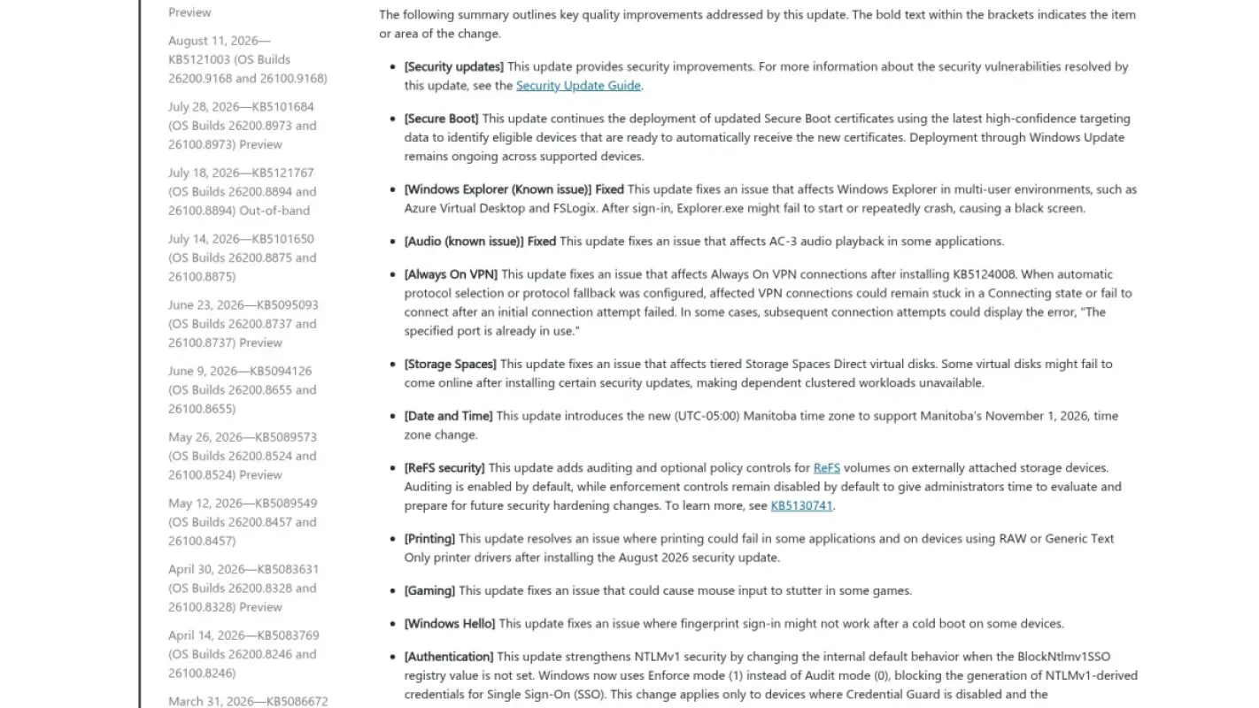 Página de suporte da Microsoft com as notas da atualização KB5127648 do Windows 11, incluindo a correção do stutter no mouse em jogos