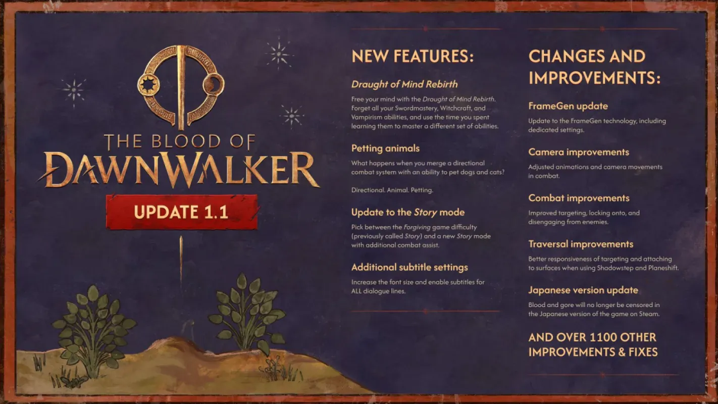 Arte oficial com a lista de novidades da atualização 1.1 de The Blood of Dawnwalker