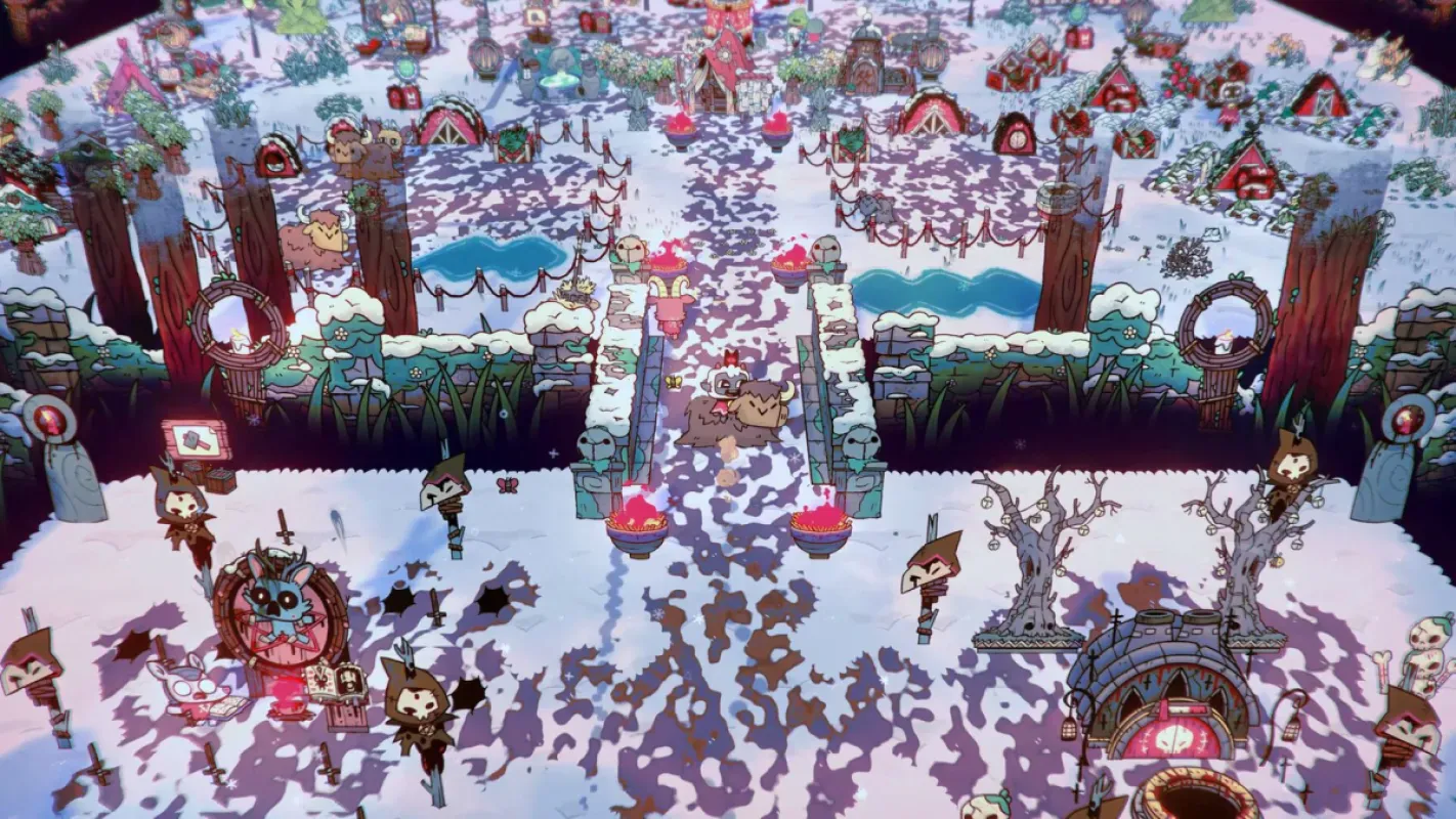 Cenário nevado da expansão Woolhaven de Cult of the Lamb