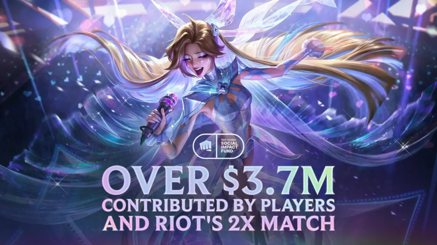 Arte da Riot com Heartsong Seraphine e o texto Over $3.7M, valor arrecadado pela skin