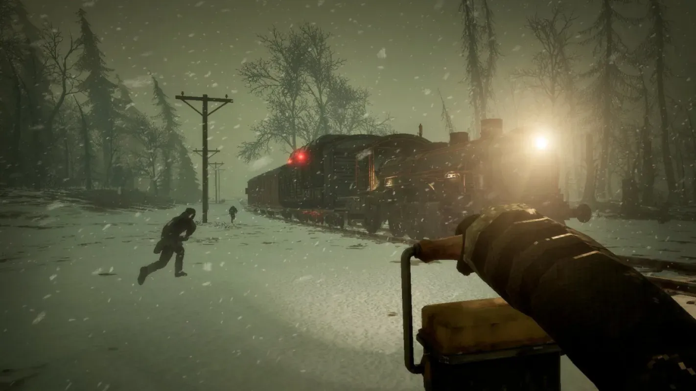 Personagem corre na neve diante de um trem a vapor com farol aceso em Frostrail