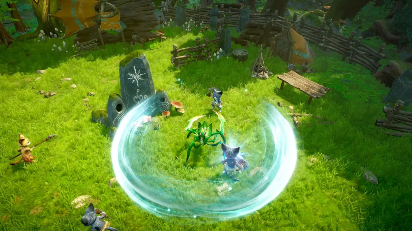 Personagem usa magia em campo verde com lápide em Never Wither