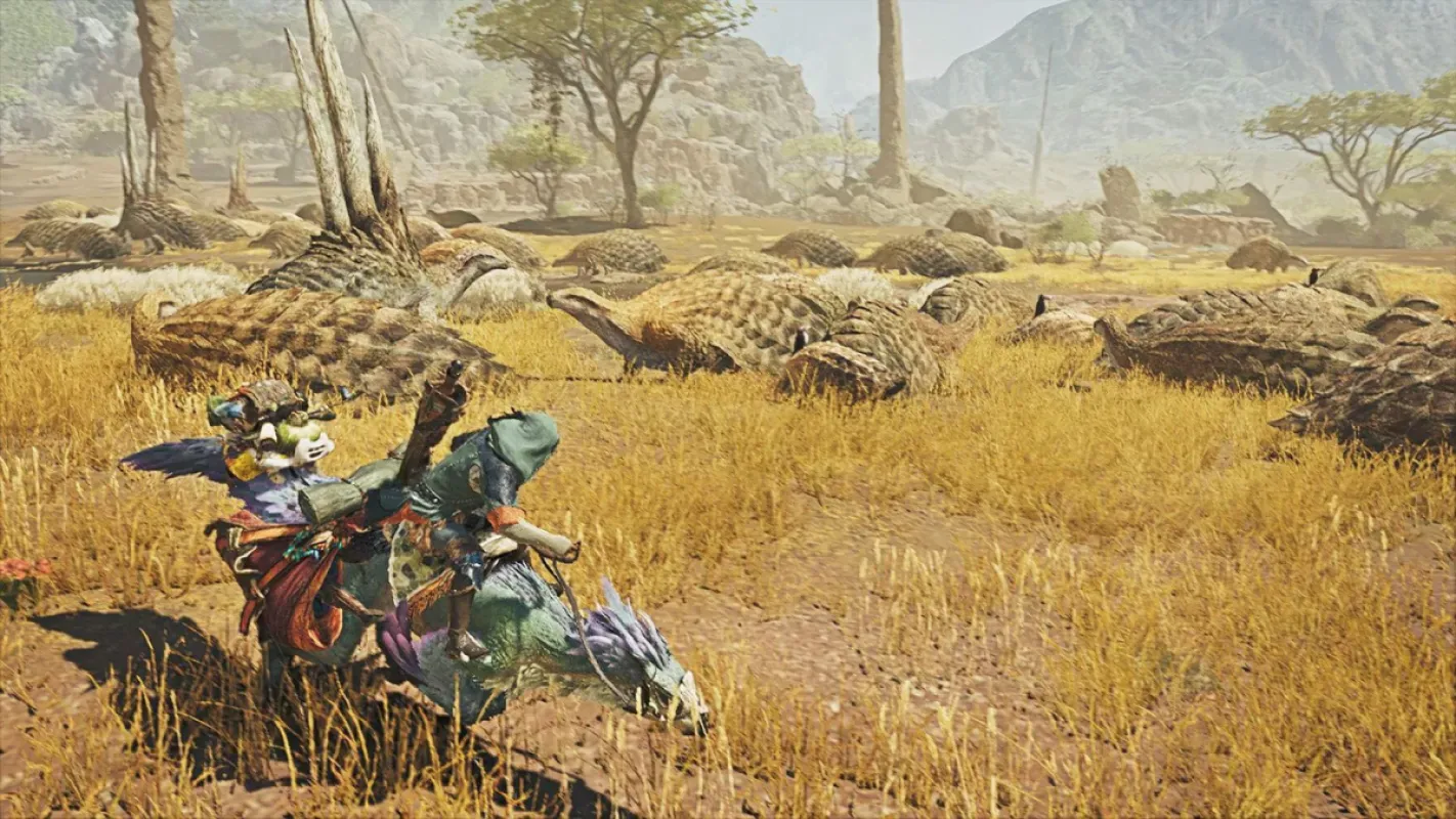 Caçadora montada em um Seikret nas planícies de Monster Hunter Wilds