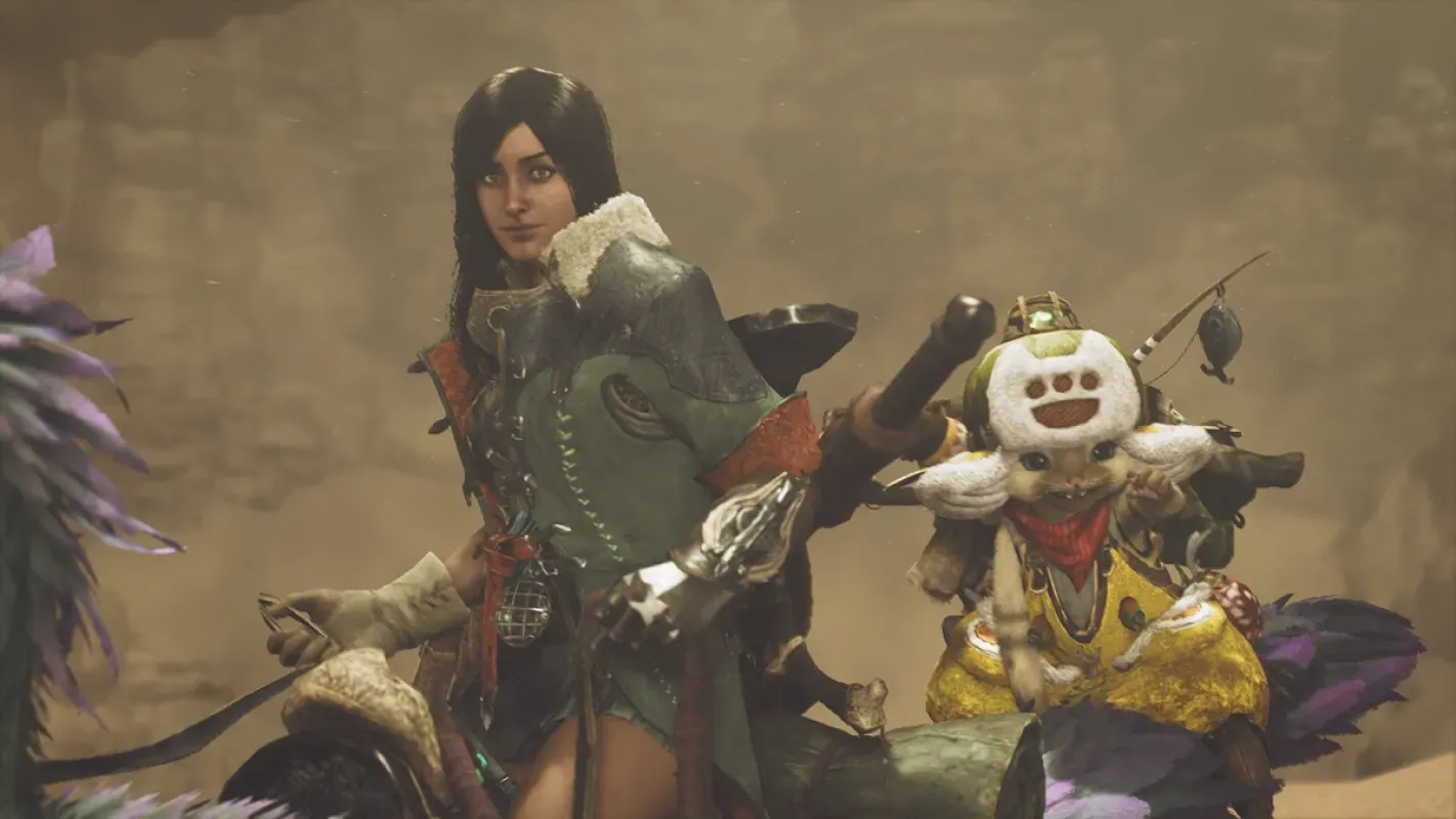 Personagens de Monster Hunter Wilds ao lado de um Palico