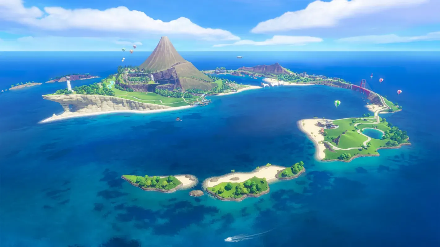 Vista aérea da Ilha Wuhu, com o vulcão no centro e ilhas menores ao redor