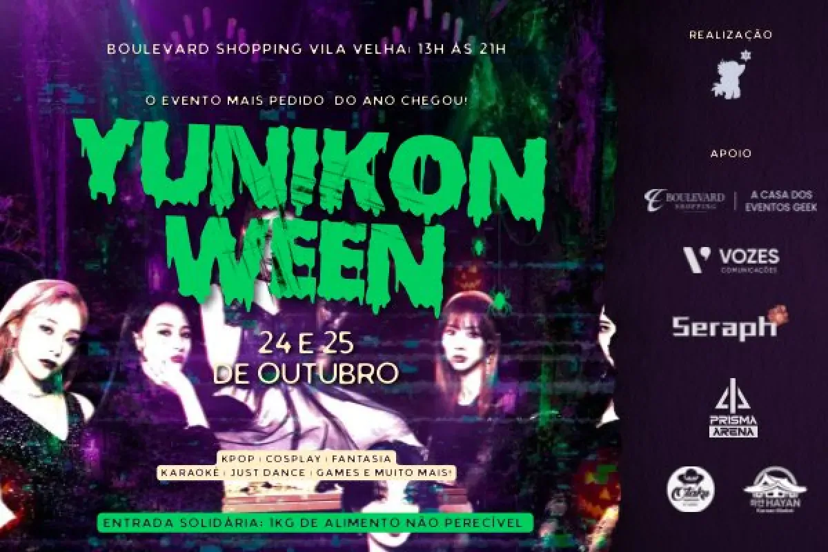 Arte oficial do YunikonWeen 2026 com as datas 24 e 25 de outubro e a entrada solidária